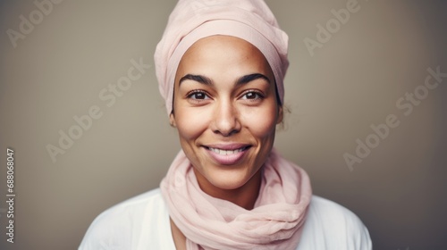 Portrait of a Moroccan woman embracing her natural beauty, closeup with imperfect skin, against a studio beige background.