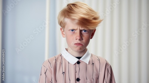 The sad boy is dressed in modern sleepwear.