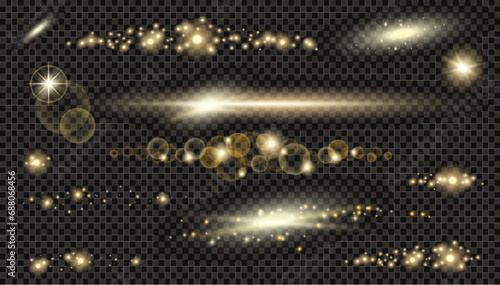 Vector circle light effect with sparkles and horizontal les flares pack. Golden light flares and laser beams on dark background. Abstract sparkling lines and stars