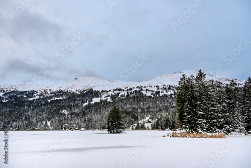 Lenzerheide, Valbella, Heidsee, Bergsee, Uferweg, Wanderweg, Winterwanderung, Langlauf, Loipe, Winterlandschaft, Seeufer, Alpen, Wald, Tannen, Eis, Winter, Graubünden, Schweiz photo