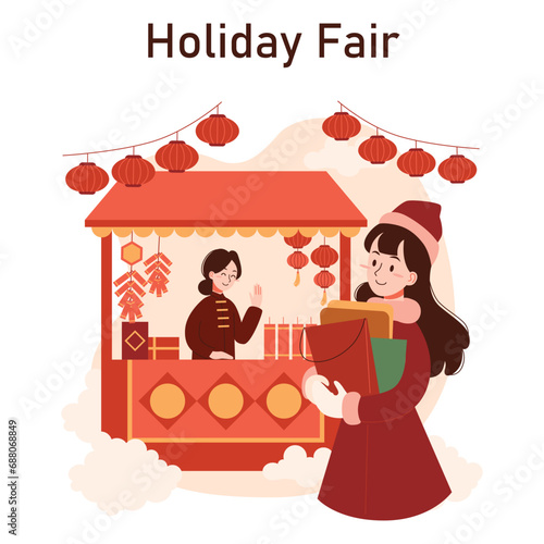 Chinese New Year tradition. Cheerful asian family leisure on festive day. Characters celebrate national asian festivity with fireworks, lantern and dragon dance. Flat vector illustration