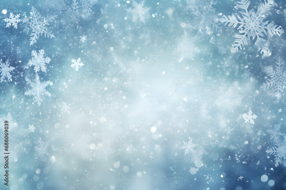 Abstract background with snowflakes illustration on blue and white frozen surface with empty space in middle