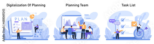 Planning Process set. Transition from manual to digital planning, cohesive teamwork in front of analytical graphs, and prioritizing tasks with a clear checklist. Flat vector.