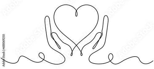 Hands holding heart continuous one line drawing. Charity donation linear concept. Vector hand drawn illustration isolated on white.