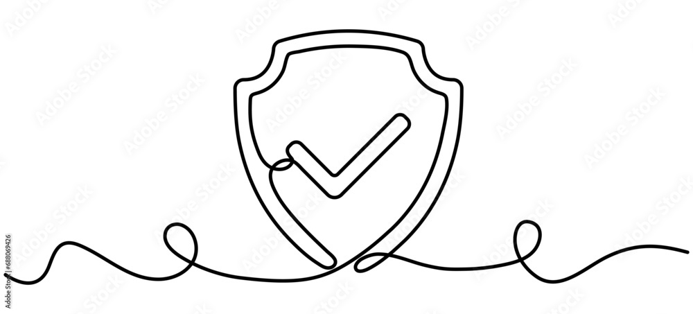 Shield with checkmark continuous line art drawing. Protect linear symbol. Guard sign. Vector hand drawn illustration isolated on white. Shield with checkmark continuous line art drawing. Protect linear symbol. Guard sign. Vector hand drawn illustration isolated on white.