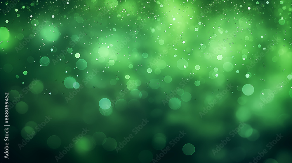 Background wallpaper of abstract green and emerald, malachite bokeh water splashes and bubbles Blurred shiny, glowing festive backdrop for xmas, party, holiday, birthday, invitation.