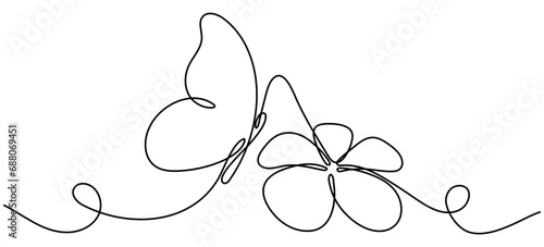 Flower with flying butterfly continuous line art drawing. Plumeria one line symbol. Vector hand drawn illustration isolated on white.