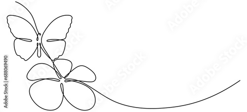 Flower with flying butterfly continuous line art drawing. Plumeria one line symbol. Vector hand drawn illustration isolated on white.