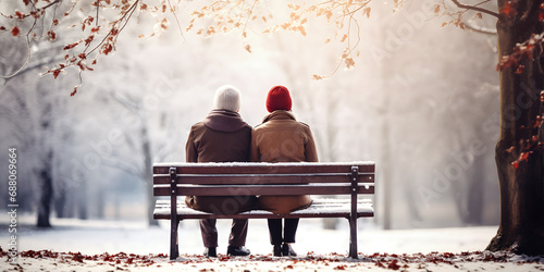 Senior couple in warm clothes seated on wooden bench in winter snowy city park outdoor. Love and relations concept. photo