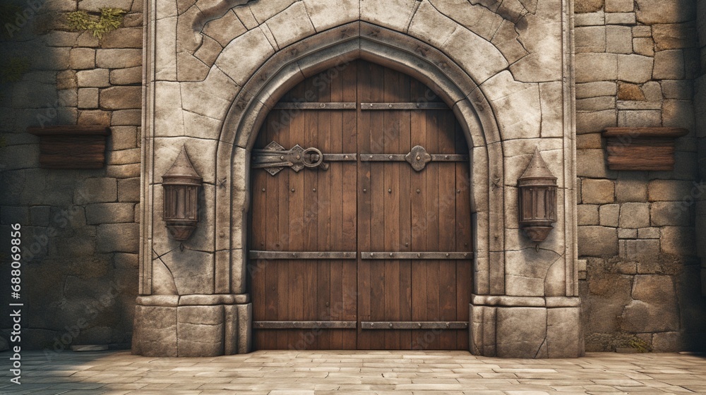 A fortified wooden door, banded with iron and set within a towering stone arch, guarding the entrance to a medieval citadel.