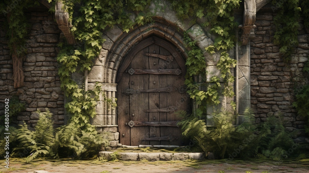 A rustic wooden door set into a ivy-covered stone wall, providing an entrance to a medieval courtyard.