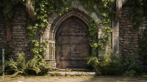A rustic wooden door set into a ivy-covered stone wall  providing an entrance to a medieval courtyard.