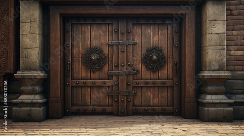 A stout wooden door with a iron knocker, set within the walls of a medieval town, surrounded by cobblestone streets.