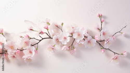 a gentle breeze scatters delicate cherry blossoms  creating a poetic and ephemeral floral art piece on a pure white backdrop.