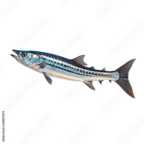 side view of Barracuda fish swimming isolated on a white transparent background 