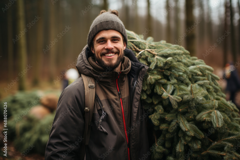 A young man choosing a christmas tree from a market A young man choosing a christmas tree from a market