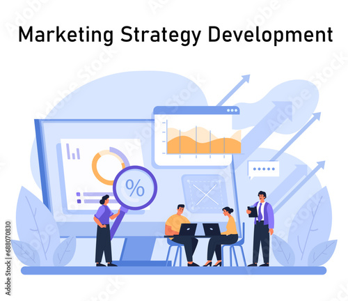 Marketing Strategy Set. Analyzing performance, driving sales, and estimating returns. Business analytics, financial growth strategy, and investment evaluation. Flat vector illustration