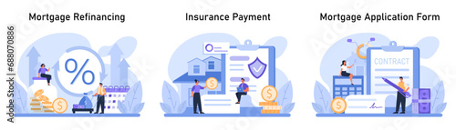 Mortgage and finance set. Exploring refinancing options, securing home insurance payment, and navigating the mortgage application process. Professionals ensuring smooth transactions. Flat vector.