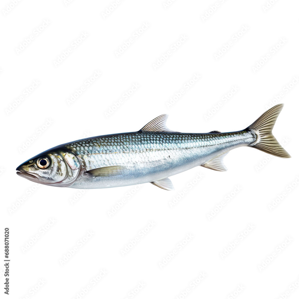 side view of Sardine fish swimming isolated on a white transparent background 