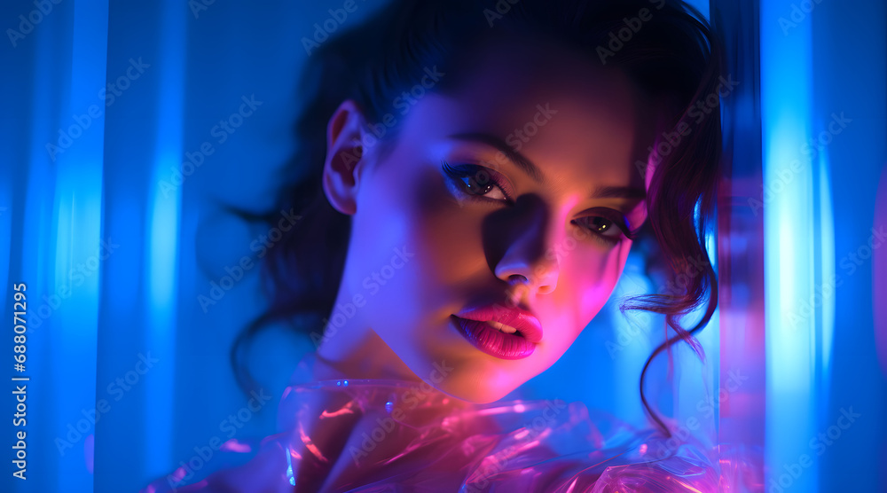 Beautiful model girl in colorful bright neon lights in studio Beautiful model girl in colorful bright neon lights in studio