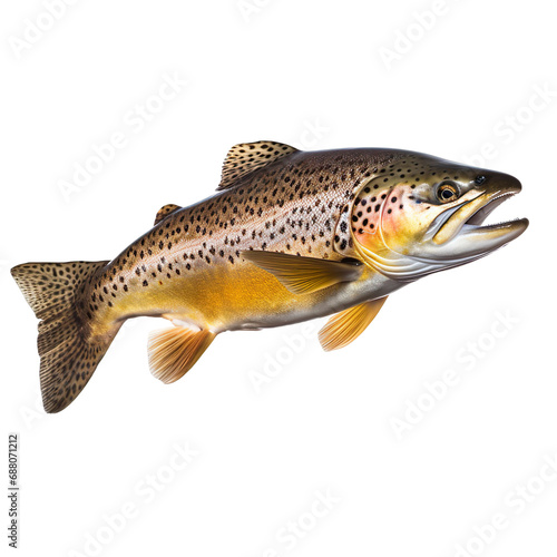 side view of Trout fish swimming isolated on a white transparent background 
