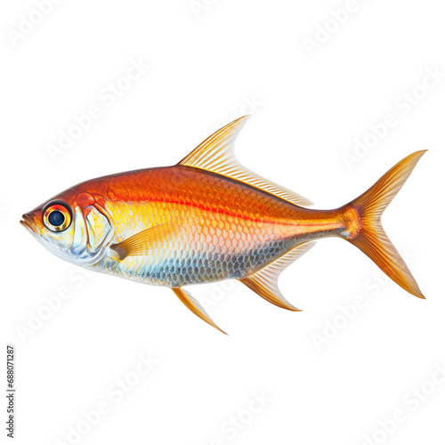 side view of Tetra fish swimming isolated on a white transparent background 