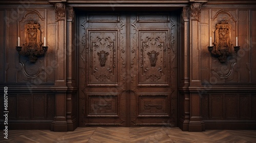 A grand double door made of richly carved wood, opening into the opulent interior of a medieval manor.