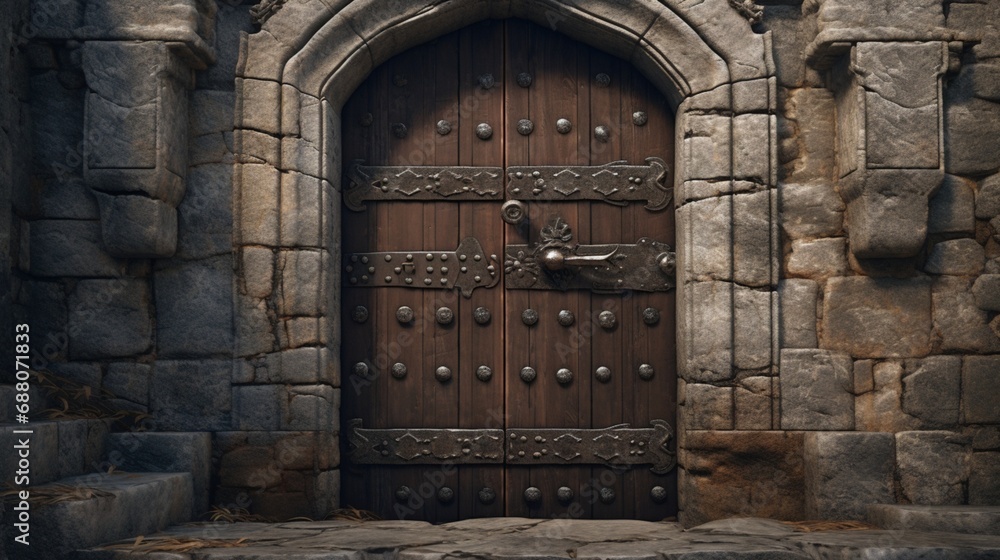 A weathered wooden door with intricate ironwork, standing sentinel in the stone walls of a medieval castle. - obrazy, fototapety, plakaty 