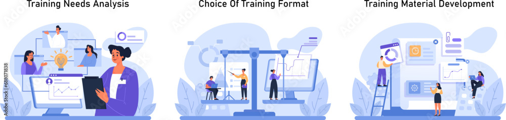 Training evolution set. Professionals navigating training needs, exploring various formats, and designing impactful materials. Enhancing skills, upskilling and growth. Flat vector illustration. Training evolution set. Professionals navigating training needs, exploring various formats, and designing impactful materials. Enhancing skills, upskilling and growth. Flat vector illustration.