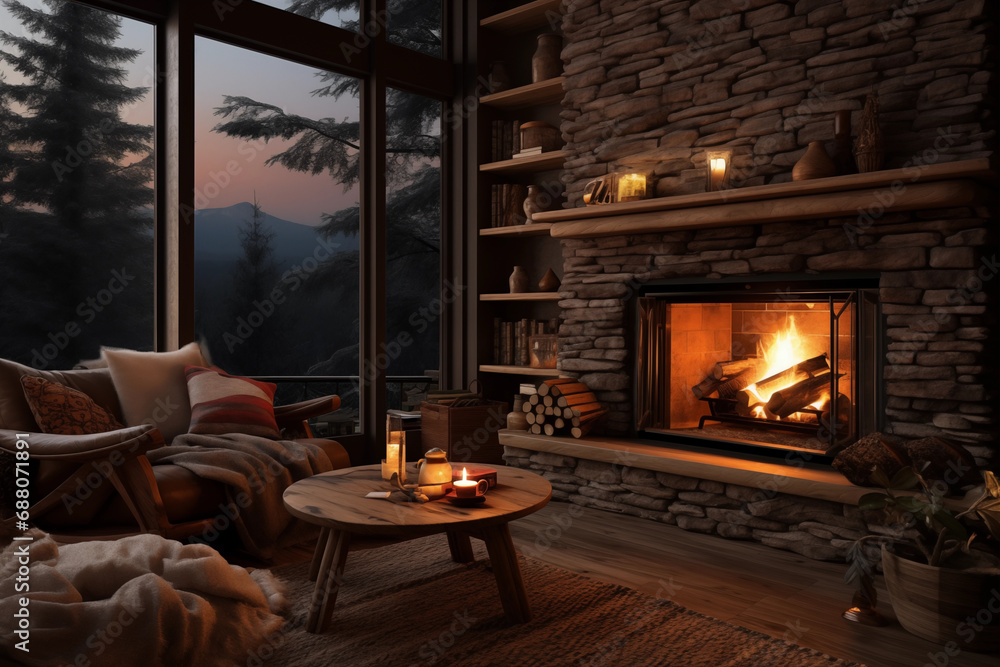 Inviting living space with fireplace and cozy atmosphere for ultimate comfort. Illustration for cover, interior design. AI generative. Inviting living space with fireplace and cozy atmosphere for ultimate comfort. Illustration for cover, interior design. AI generative.