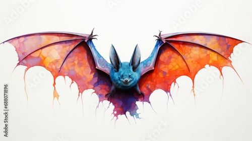 a graceful and colorful portrayal of a gliding bat  its wings spread wide and mysterious gaze depicted in striking colors on a clean white surface  symbolizing nocturnal beauty and mystery.