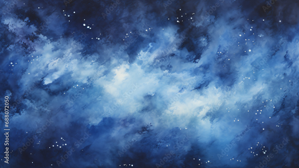 Fototapeta premium watercolor painting of outer space deep in the galaxy with blue and black background and stars, abstract art concept painting