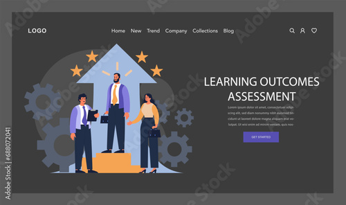 Evaluators celebrate a successful learning outcomes assessment. With gleaming stars and cogwheels, they mark milestones, ensure quality, and highlight individual growth. Flat vector.