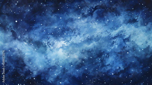 watercolor painting of outer space deep in the galaxy with blue and black background and stars, abstract art concept painting