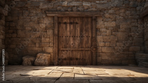 A weather-worn wooden door nestled within the ruins of a medieval abbey, hinting at centuries of history within.
