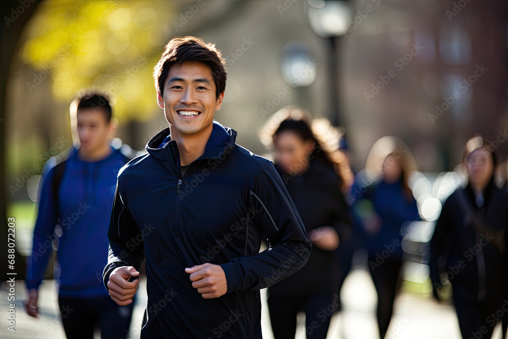 A group of athletic Asian people engages in a marathon, showcasing determination, friendship, and a healthy lifestyle.