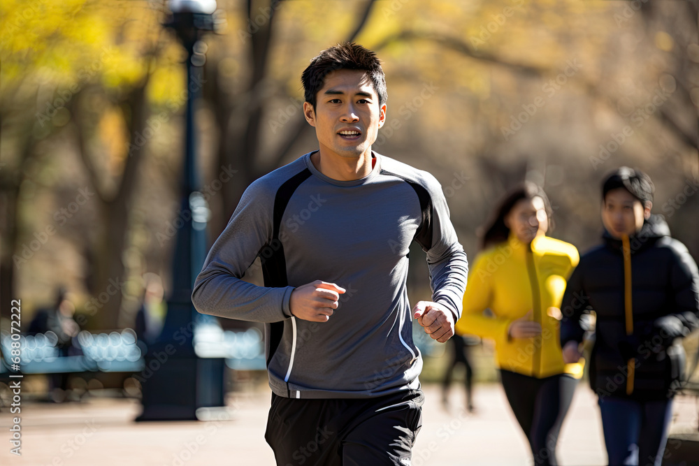 Chinese man running competition in a city park, showcasing determination and a healthy, active lifestyle.