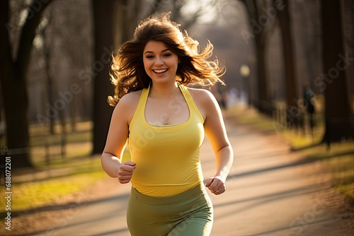 A fat woman engaged in outdoor fitness and running, promoting a healthy lifestyle and wellness in a park setting.