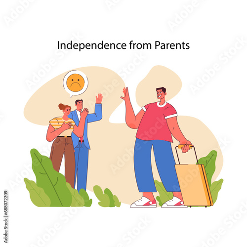 Leaving the Nest concept. A young adult departs for a new journey, signifying the pivotal moment of gaining independence from caring yet anxious parents. Flat vector illustration