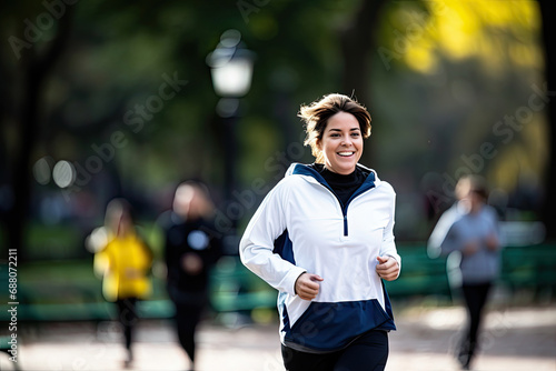 Woman engaging in outdoor fitness and running, showcasing a healthy and active lifestyle in a park setting.