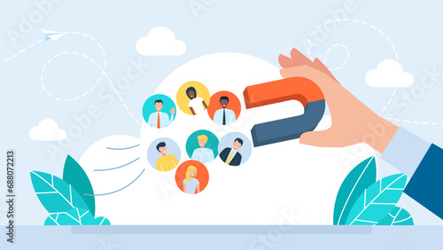 Businessman hand holding magnet and magnetizing avatars. Concept of social media, influence, popularity, modern lifestyle and ad. Digital social marketing. Hand holds a magnet. Vector illustration