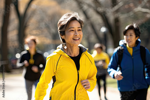 A cheerful and active senior Chinese woman enjoying a healthy lifestyle through jogging in a park, showcasing vitality and happiness in retirement. © Andrii Zastrozhnov