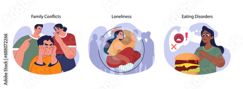 Mental health challenges set. Teenagers facing family disputes, feeling isolated and lonely, combating unhealthy eating habits. Emotional struggles depicted. Flat vector illustration