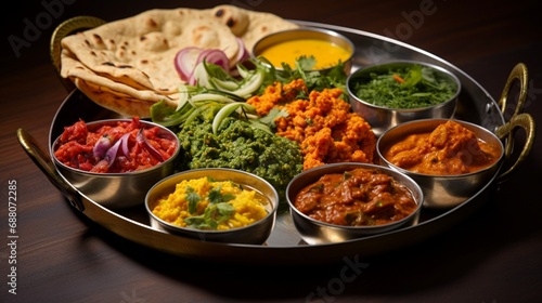 A sizzling platter showcasing vibrant, aromatic Indian spices and a medley of richly colored curries--each dish a testament to culinary artistry