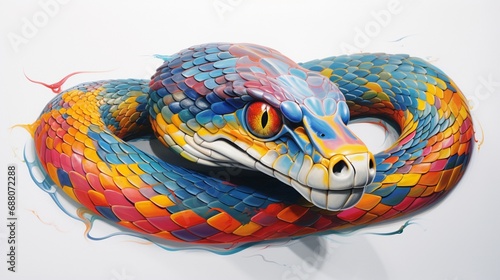 a graceful and colorful portrayal of a slithering snake, its sinuous movements and mesmerizing eyes depicted in striking colors on a clean white surface, symbolizing mystery and transformation.
