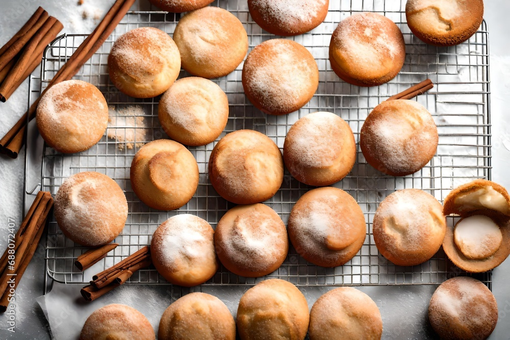 An overhead view of a batch of classic snickerdoodle cookies coated in cinnamon sugar, cooling on a wire rack. An overhead view of a batch of classic snickerdoodle cookies coated in cinnamon sugar, cooling on a wire rack.