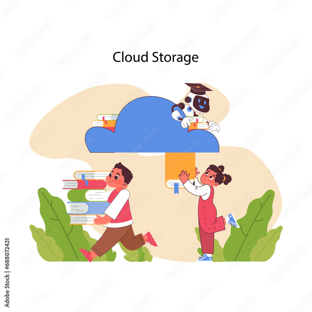 Fototapeta premium AI in education illustrates cloud storage with students accessing a virtual library, overseen by a robot teacher. Flat vector illustration