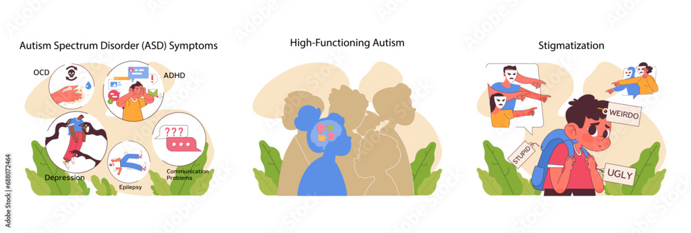 Autism challenges and perspectives set. Highlights ASD symptoms, high-functioning autism complexities, and societal stigmatization. Promotes awareness and empathy. Flat vector illustration