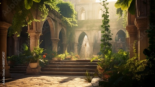 A tranquil garden courtyard surrounded by ancient architecture, where the sunlight filters through, creating a whimsical bokeh effect