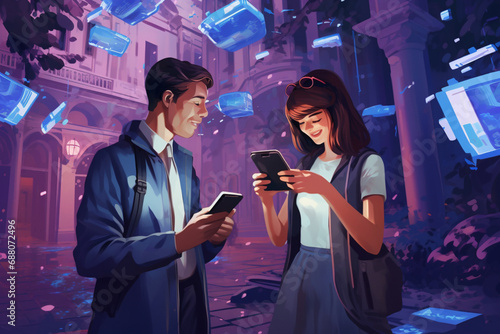 Couple experiencing a date that combines historical and futuristic elements, Time-traveling-themed venues or virtual environments, Blend augmented reality, illustration